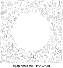 Vector sketch round frame with microgreen. Herbs - pea, sunflower, onion, corn, basil, china rose, spinach, fennel, sorrel, collard, dill, salad burnet, kohlabi, barley, tatsoi on a white background.