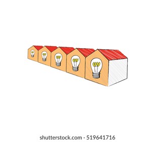 Vector sketch of a row houses with light bulbs