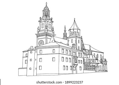 vector sketch of The Royal Archcathedral Basilica of Saints Stanislaus and Wenceslaus on the Wawel Hill. Krakow, Poland.