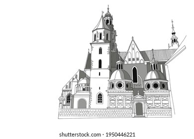 vector sketch of The Royal Archcathedral Basilica of Saints Stanislaus and Wenceslaus on the Wawel Hill. Krakow, Poland.
