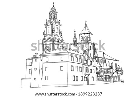 vector sketch of The Royal Archcathedral Basilica of Saints Stanislaus and Wenceslaus on the Wawel Hill. Krakow, Poland.