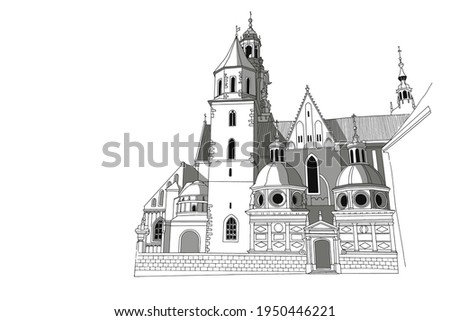 vector sketch of The Royal Archcathedral Basilica of Saints Stanislaus and Wenceslaus on the Wawel Hill. Krakow, Poland.