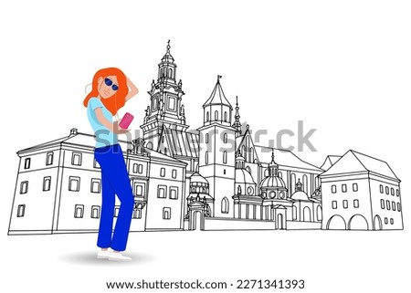 vector sketch of The Royal Archcathedral Basilica of Saints Stanislaus and Wenceslaus on the Wawel Hill. Krakow, Poland.