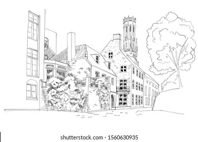 vector sketch of the Rozenhoedkaai canal in Bruges with the belfry in the background.
