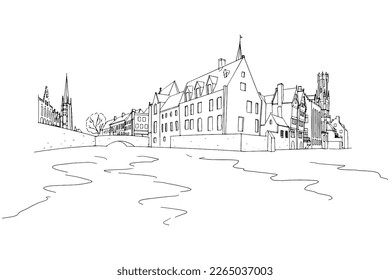 Vector sketch of Rozenhoedkaai canal (Quai of the Rosary), and Belfort van Brugge’s Belfry Tower. Typical view of Bruges (Brugge), Belgium.