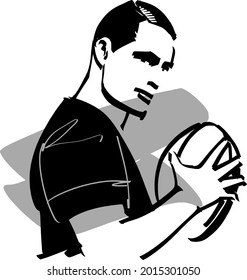 vector sketch of the rugby player with rugby ball in his hands 