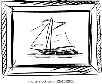 Vector sketch of a sailing boat in a frame