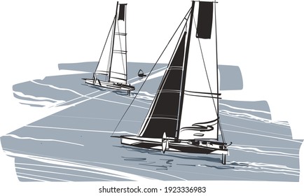 vector sketch of sailing boat regatta at sea