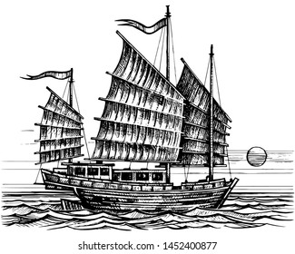 Vector sketch sailing chinese junk ship in the sea in ink line style. Hand drawn sketched sailing eastern boat.