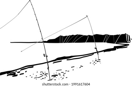 the vector sketch of the sailing fishing rods on the beach