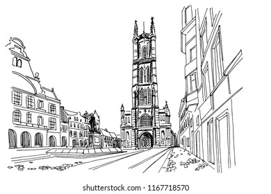 Vector sketch of  the Saint Bavo Cathedral (Sint-Baafs Cathedral) in Ghent, Belgium.