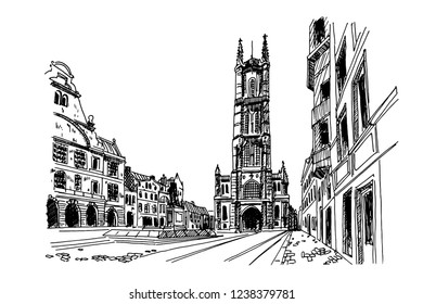 Vector sketch of  the Saint Bavo Cathedral (Sint-Baafs Cathedral) in Ghent, Belgium.