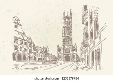 Vector sketch of  the Saint Bavo Cathedral (Sint-Baafs Cathedral) in Ghent, Belgium.
