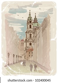 Vector sketch of Saint Nicholas Cathedral in Prague, Czech Republic
