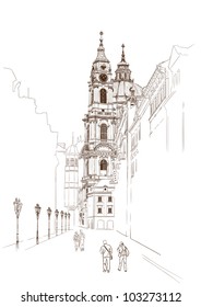 Vector sketch of Saint Nicholas Cathedral in Prague, Czech Republic