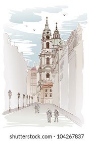 Vector sketch of Saint Nicholas Cathedral in Prague, Czech Republic