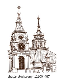 Vector sketch of Saint Nicholas Cathedral in Prague, Czech Republic