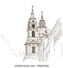 Vector sketch of Saint Nicholas Cathedral in Prague, Czech Republic