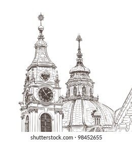 Vector sketch of Saint Nicholas Cathedral in Prague, Czech Republic