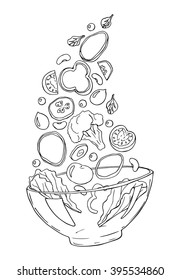 Vector sketch of salad with tomatoes, cucumbers, spinach, onions, olives, peas,beans, lettuce, isolated on a white background. Hand drawn illustration