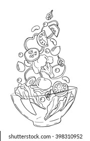 Vector sketch of salad with tomatoes, cucumbers, spinach, onions, olives, peas,beans, lettuce, isolated on a white background. Hand drawn illustration