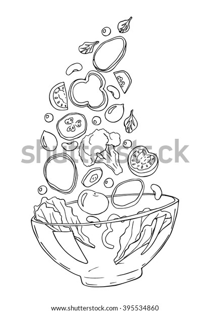 Vector Sketch Salad Tomatoes Cucumbers Spinach Stock Vector (Royalty ...