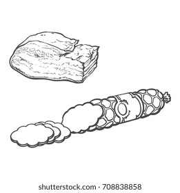 vector sketch salami sausage with slices and pork lard. Cartoon isolated illustration on a white background. Sausage and meat types concept