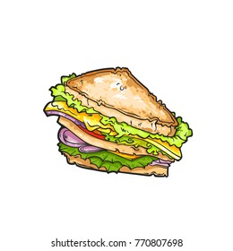 Vector sketch sandwich with vegetables. Cartoon illustration isolated on a white background. 