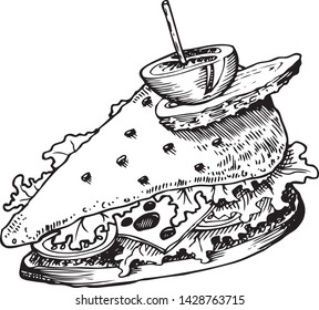 Vector sketch sandwich with vegetables. Fast food flat cartoon isolated illustration on a white background. Triangular fresh sandwich with cheese, tomato and salad