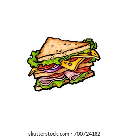 Vector sketch sandwich with vegetables. Fast food flat cartoon isolated illustration on a white background. Triangular fresh sandwich with cheese, tomato and salad