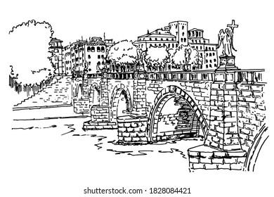 vector sketch of Sant' Angelo Bridge. Rome. Italy.