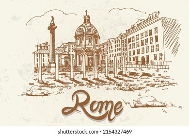 Vector sketch of Santa Maria di Loreto and ruins of roman forum in Rome, Italy. Artistic retro style.