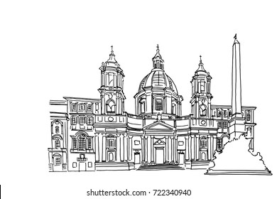 Vector sketch of Sant'Agnese in Piazza Navona, Rome, Italy.