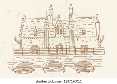 Vector sketch of Sashuis – house of lock keeper upon the canal entrance to Minnewater in Bruges. Belgium.