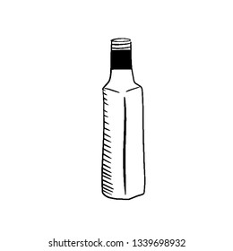 Vector sketch of sauce or juice bottle. Hand drawn illustration. Empty square bottle sketch.