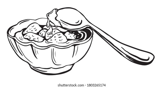 Vector sketch of saucer with strawberry jam and a spoon