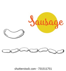 vector sketch sausages chain. Cartoon isolated illustration on a white background. Sausage and meat types concept