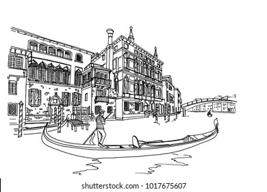 Vector sketch of scene in Venice with channel, gondola and architecture.