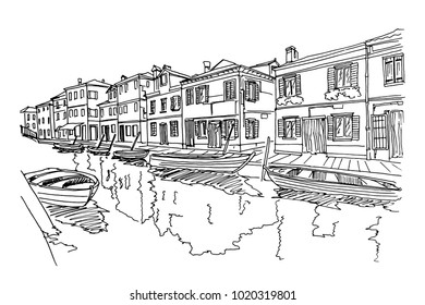 Vector sketch of scene in Venice with channel