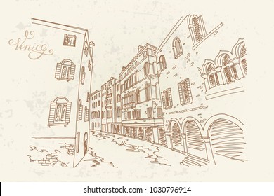 Vector sketch of scene in Venice with channel and architecture.