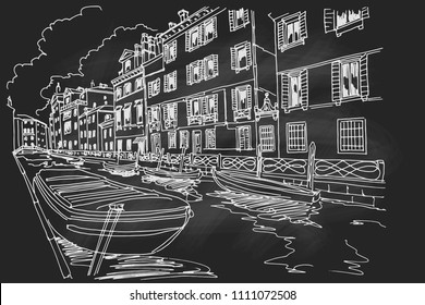 Vector sketch of scene in Venice with channel, gondola and architecture. Retro style.