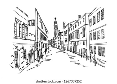 Vector sketch of scene in Venice with channel, gondola and architecture.

