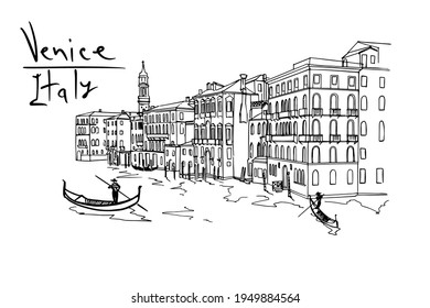 Vector sketch of scene in Venice with channel, gondola and architecture.