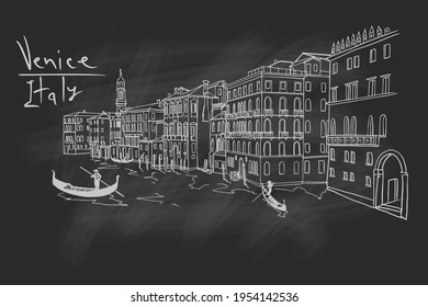 Vector sketch of scene in Venice with channel, gondola and architecture.