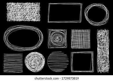 Vector sketch of scribble pencil. Hand-drawn lines by pen. White circular scribbles. Doodle in the form of a square and a rectangle on a black background. Vector template.