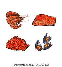 vector sketch sea salmon fish meat fillet steak without skin side view, mussels, lobsters caviar set. Isolated illustration on a white background. Seafood delicacy, restaurant menu decoration