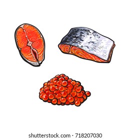 vector sketch sea salmon fish meat fillet steak with, without skin from top and side view and caviar set. Isolated illustration on a white background. Seafood delicacy, restaurant menu decoration