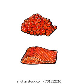 vector sketch sea salmon fish meat fillet steak without skin from side view and caviar set. Isolated illustration on a white background. Seafood delicacy, restaurant menu decoration