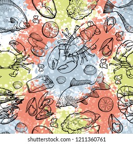 vector sketch seafood seamless pattern with seafood delicacy. Monochrome seashell, lobster shripms crawfish oysters and mussels. Hand drawn restaurant and marine cuisine cafe menu, packaging design.