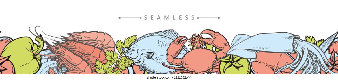 vector sketch seafood seamless pattern with flatfish crayfish shrimp and squid with vagetables. Hand drawn seafood delicacy, restaurant and marine cuisine cafe menu decoration design.